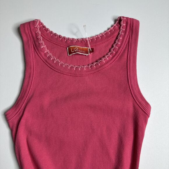 U2 Ladies Y2k Pink Ribbed Tank Embroidered Trim Coquette Baby Tee Dollcore XS - Picture 6 of 10
